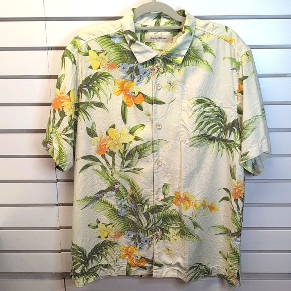 Tommy Bahama Silk Camp Shirt Hawaiian Floral/Bird Print Button Down Mens Large L - Picture 1 of 8